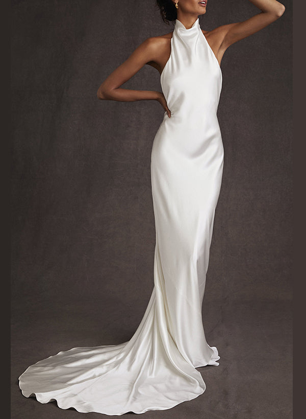 27dress elegant white sheath wedding dress with halter neckline and long train on model