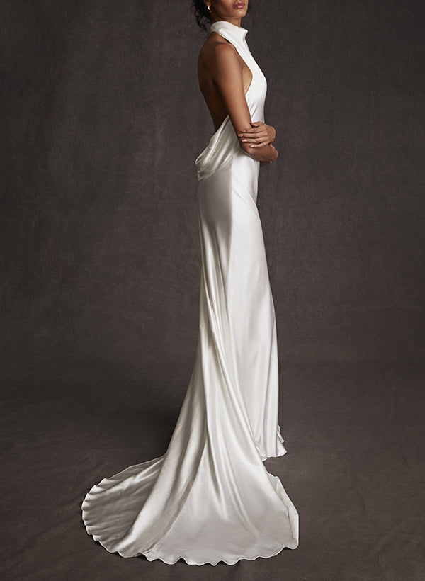 27dress elegant white sheath wedding dress with high neck and long train on model