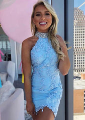 Sheath/Column High-Neck Satin Homecoming Dress With Appliqued Beading Lace-27dress