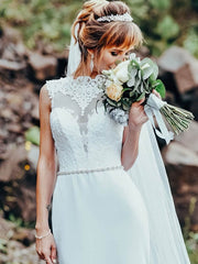 Sheath/Column Illusion Satin Sweep Train Wedding Dress with Appliques Lace