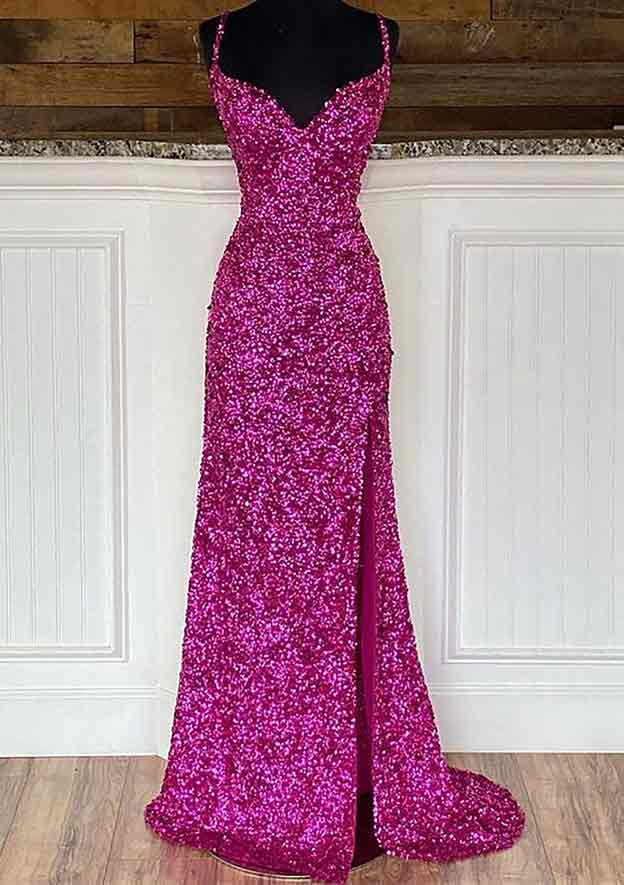 Sheath/Column V Neck Sleeveless Velvet Sequins Prom Dress with Split and Sweep Train-27dress