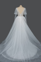 Sheer Long Sleeves Ball Gown Wedding Dress Tulle With Beads-27dress