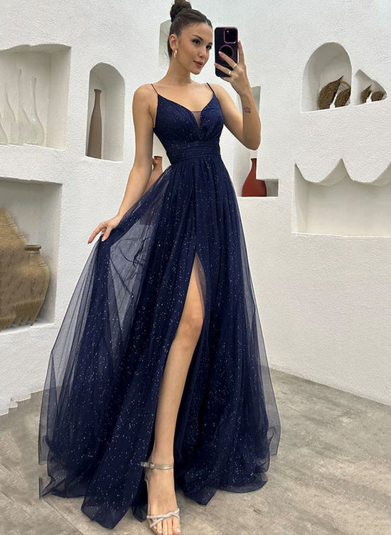 Shine Bright in the Sparkly Tulle A-Line Prom Dress with Split Front-27dress