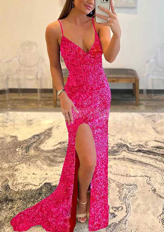 Load image into Gallery viewer, Shine in Style - Trumpet/Mermaid V Neck Sleeveless Prom Dress With Split and Allover Sparkly Sequins-27dress
