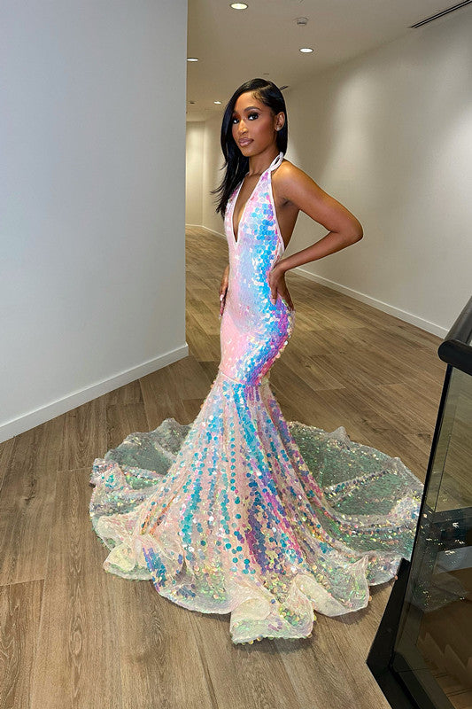 Shining Sequins Halter Deep V Neck Sleeveless Backless Long Mermaid Prom Dress