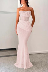 Shining Strapless Sleeveless Mermaid Long Prom Dress With Pleated