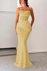 Shining Strapless Sleeveless Mermaid Long Prom Dress With Pleated