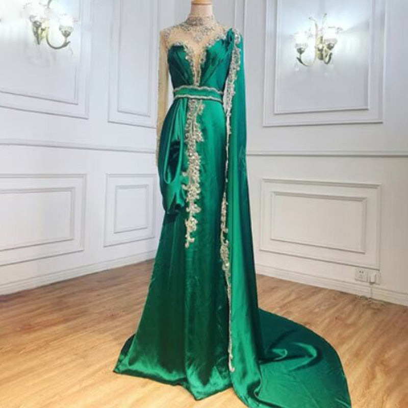 Shinning Yellow Bead Embroidery Mermaid Floor Length Prom Dress With Shawl