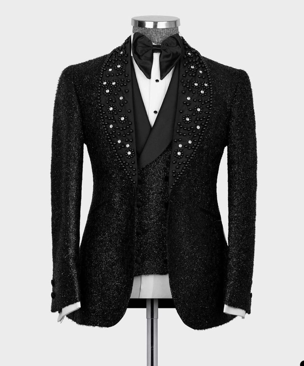 Shiny Black Beading Shawl Lapel Three Pieces Chic Prom Men Suits