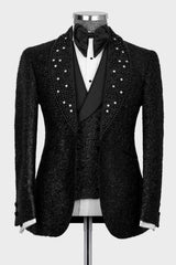 Shiny Black Beading Shawl Lapel Three Pieces Chic Prom Men Suits
