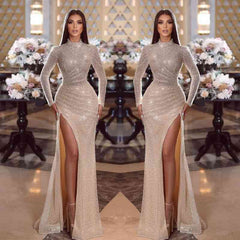 Shiny High Neck Long Sleeves Pleated Mermaid Prom Dress With Split For Women