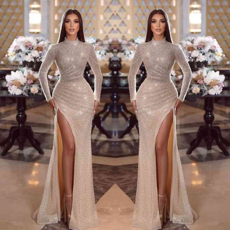 Shiny Sequins High Neck Long Sleeves Mermaid Prom Dress With Split