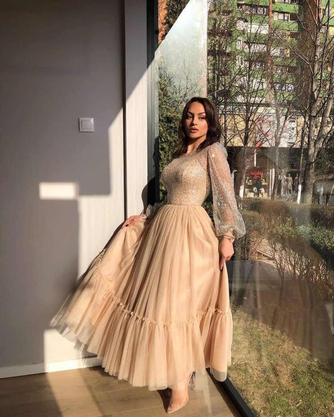 Short A-line Bateau Sequins Tea-length Tulle Prom Dresses with Sleeves-27Dress