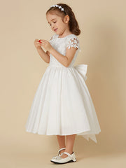 Short A-Line Lace Scoop Neck Wedding First Communion Flower Girl Dresses with Sleeves-27dress