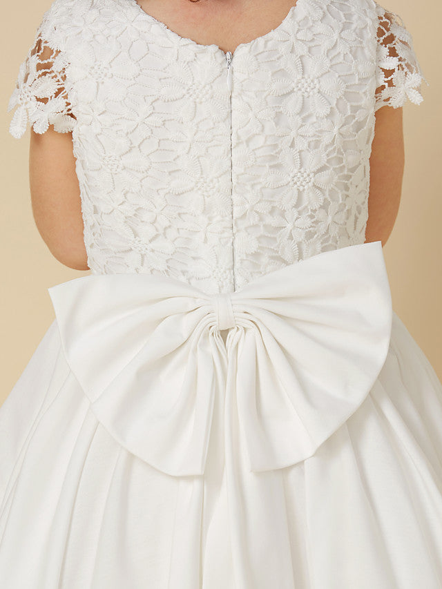 Short A-Line Lace Scoop Neck Wedding First Communion Flower Girl Dresses with Sleeves-27dress