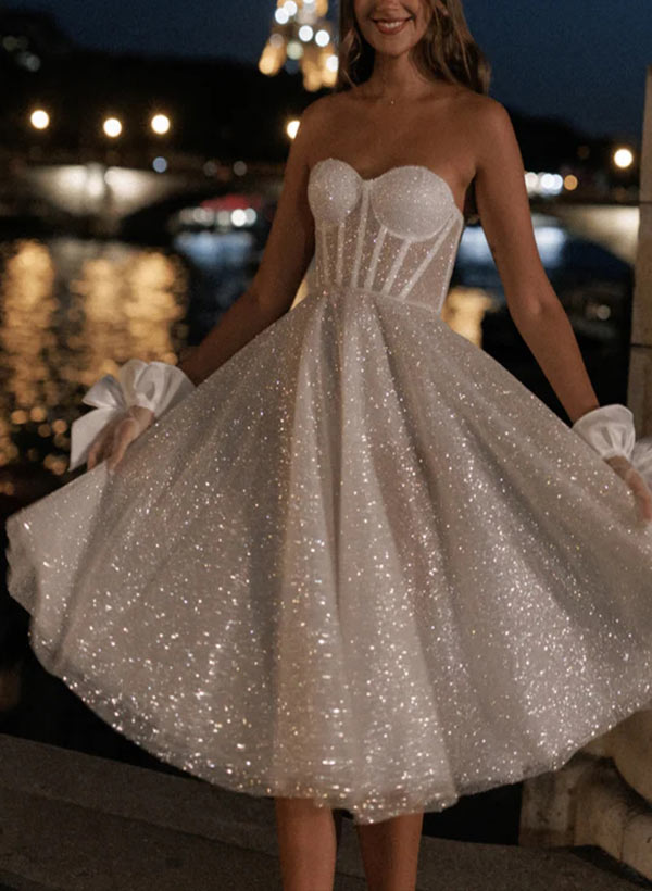 Short A-Line Strapless Sleeveless Tea-Length Sequined Wedding Dresses-27dress