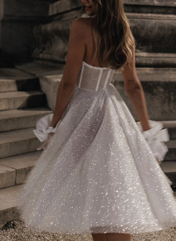 Short A-Line Strapless Sleeveless Tea-Length Sequined Wedding Dresses-27dress