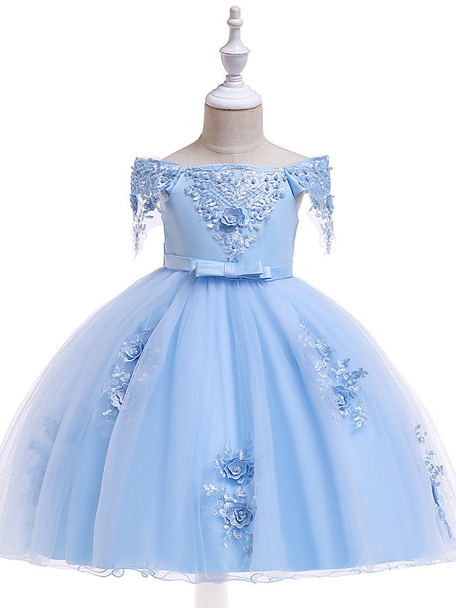 Short A-Line Tulle Off The Shoulder Wedding Birthday Pageant Flower Girl Dresses with Sleeves-27dress