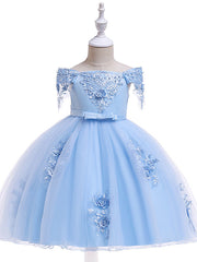 Short A-Line Tulle Off The Shoulder Wedding Birthday Pageant Flower Girl Dresses with Sleeves-27dress