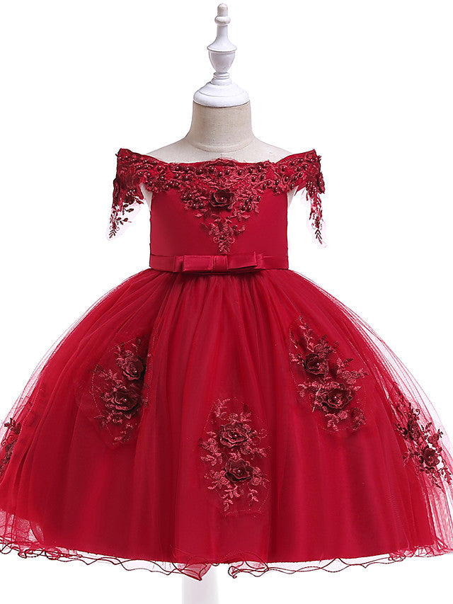 Short A-Line Tulle Off The Shoulder Wedding Birthday Pageant Flower Girl Dresses with Sleeves-27dress