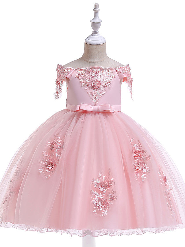 Short A-Line Tulle Off The Shoulder Wedding Birthday Pageant Flower Girl Dresses with Sleeves-27dress
