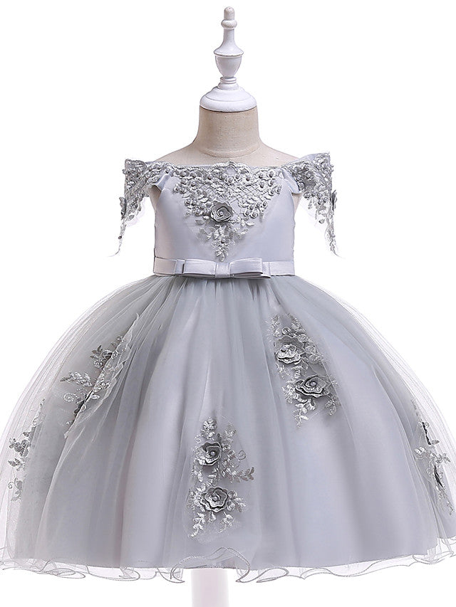 Short A-Line Tulle Off The Shoulder Wedding Birthday Pageant Flower Girl Dresses with Sleeves-27dress