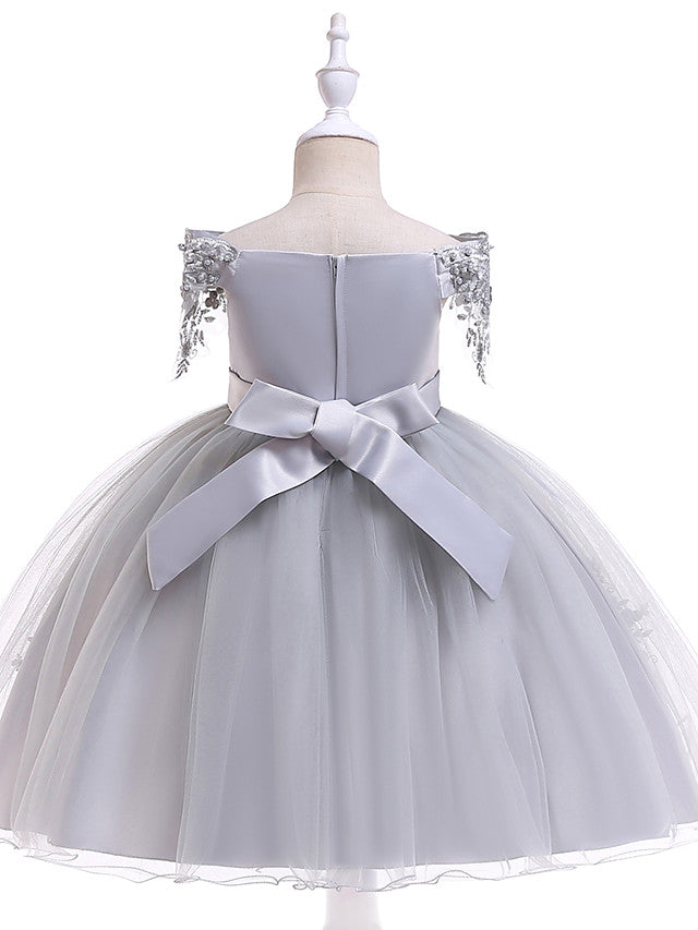 Short A-Line Tulle Off The Shoulder Wedding Birthday Pageant Flower Girl Dresses with Sleeves-27dress