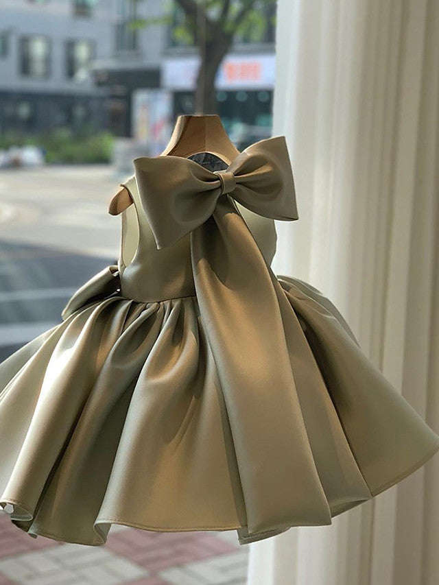 Short Ball Gown Satin Square Neck Wedding Party Flower Girl Dresses-27dress