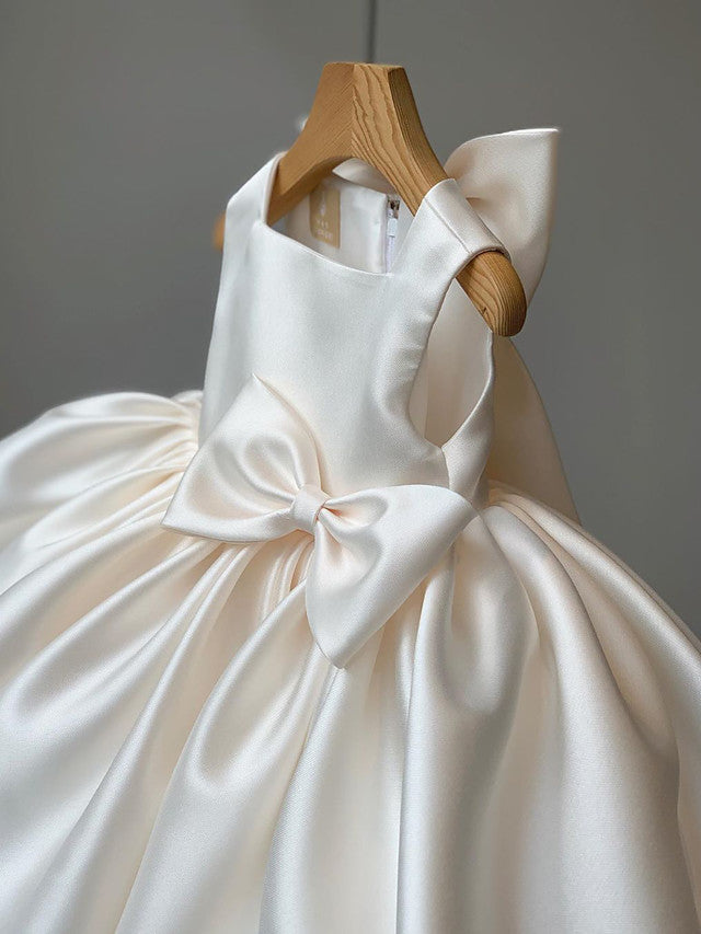 Short Ball Gown Satin Square Neck Wedding Party Flower Girl Dresses-27dress