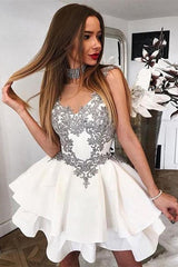 Short Cute White Illusion Neck Homecoming Dress with Appliques-27dress