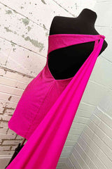 Short Hot Pink One Shoulder Homecoming Dress with Shawl