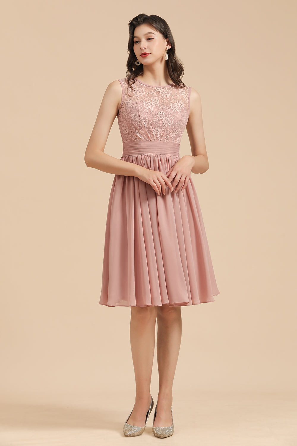 A-Line Short Lace Dusty Rose Junior Sleeveless Ruched Bridesmaid Dress 27dress A-Line Short Lace Dusty Rose Junior Sleeveless Ruched Bridesmaid Dress 27dress
