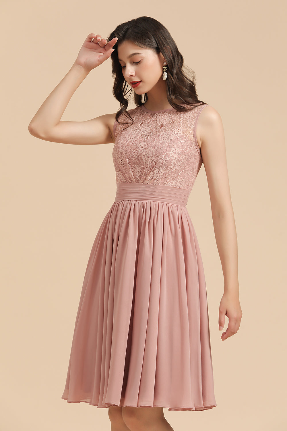 A-Line Short Lace Dusty Rose Junior Sleeveless Ruched Bridesmaid Dress 27dress A-Line Short Lace Dusty Rose Junior Sleeveless Ruched Bridesmaid Dress 27dress