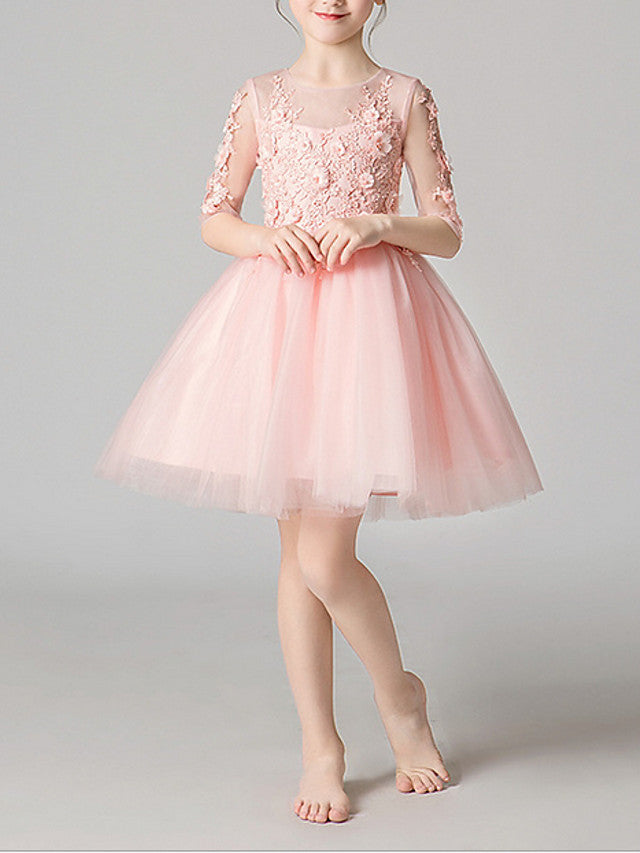 Short Princess Polyester Jewel Neck First Communion Flower Girl Dresses with Sleeves-27dress
