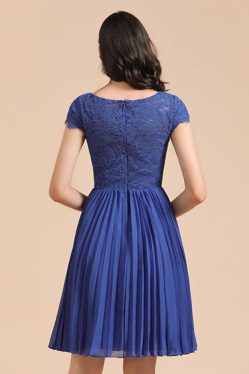 Short Sleeve Royal Blue Lace Junior Bridesmaid Dress with Knee