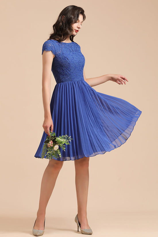 Load image into Gallery viewer, Short Sleeve Royal Blue Lace Junior Bridesmaid Dress-27dress
