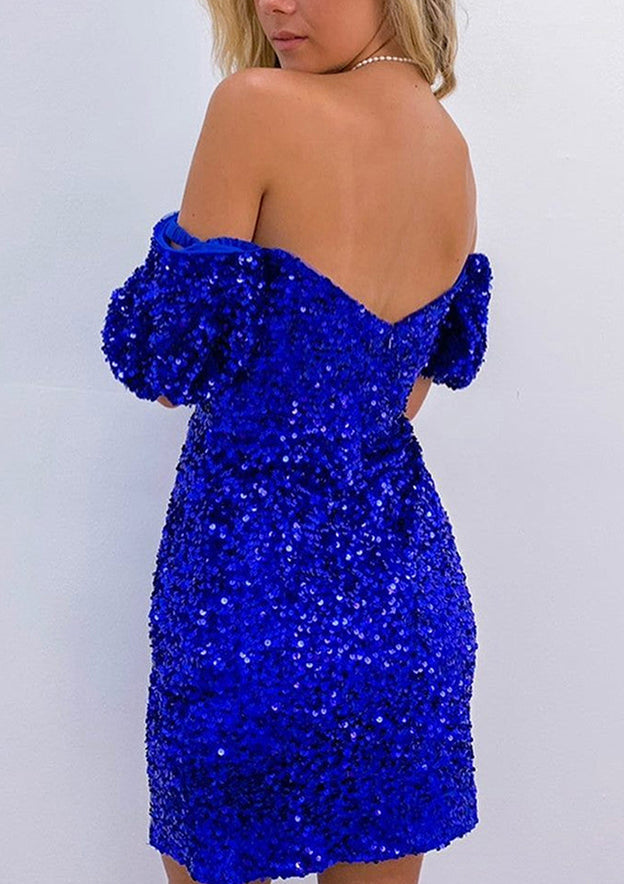 Load image into Gallery viewer, Short Sleeve Sequined Short/Mini Homecoming Dress - Sheath/Column Off-the-Shoulder-27dress
