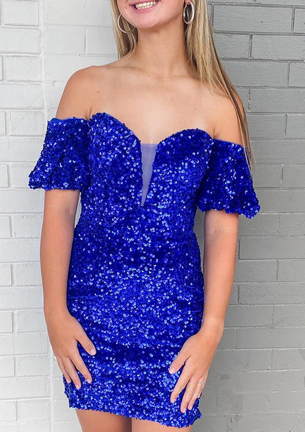 Load image into Gallery viewer, Short Sleeve Sequined Short/Mini Homecoming Dress - Sheath/Column Off-the-Shoulder-27dress
