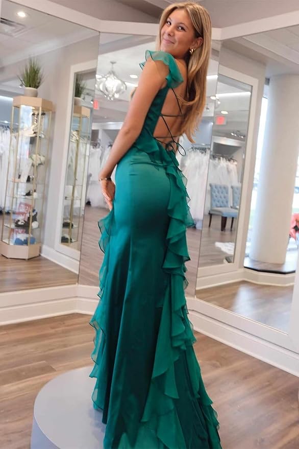 Short Sleeves Satin Sheath Long Prom Dress with High Split-27dress