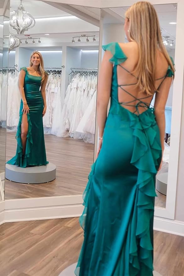 Short Sleeves Satin Sheath Long Prom Dress with High Split-27dress