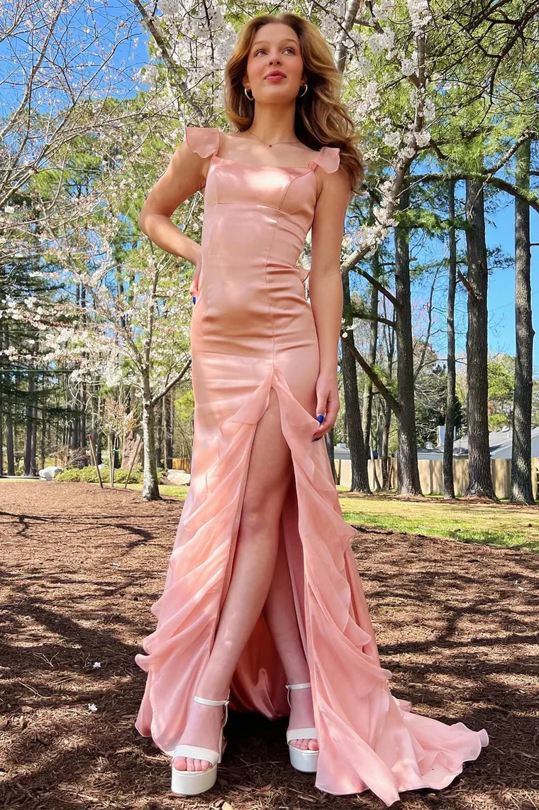 Short Sleeves Satin Sheath Long Prom Dress with High Split-27dress