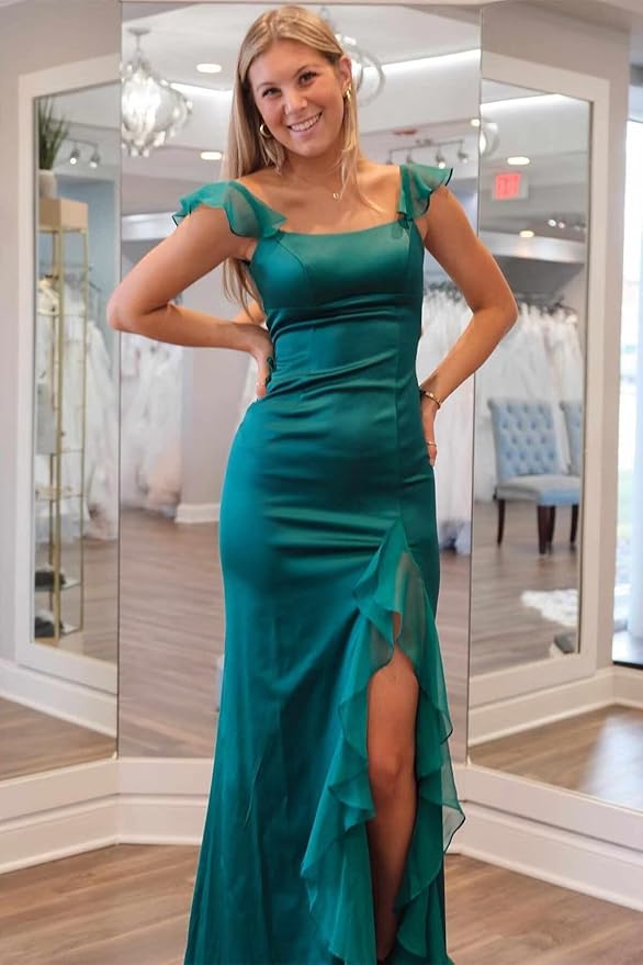 Short Sleeves Satin Sheath Long Prom Dress with High Split-27dress