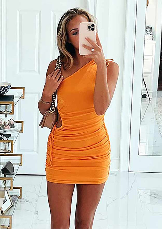 Load image into Gallery viewer, Short/Mini Jersey Homecoming Dress with Pleated Sheath/Column One-Shoulder Sleeveless-27dress
