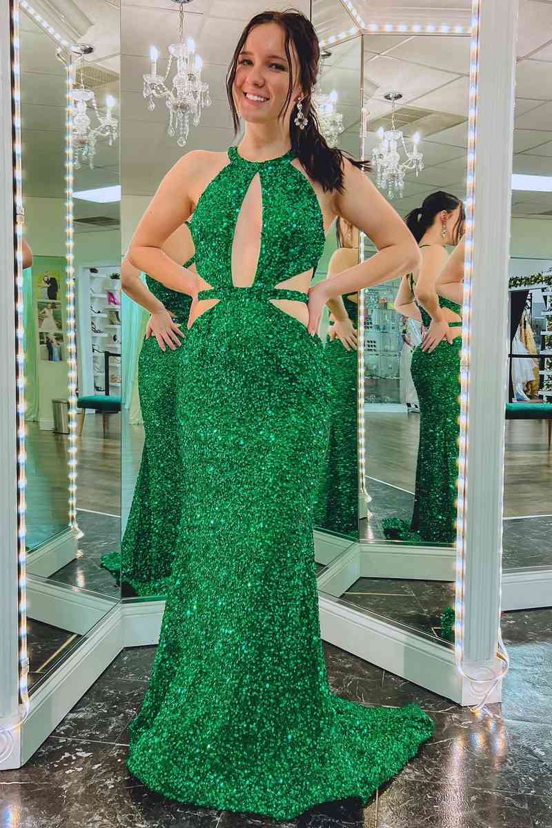 Side Cut-Out Green Sequins Mermaid Long Prom Dress 27dress Side Cut-Out Green Sequins Mermaid Long Prom Dress 27dress