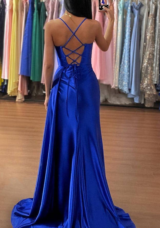 Load image into Gallery viewer, Silk-Like Satin Sweetheart Trumpet/Mermaid Prom Dress with Ruched Sleeveless Sweep Train-27dress
