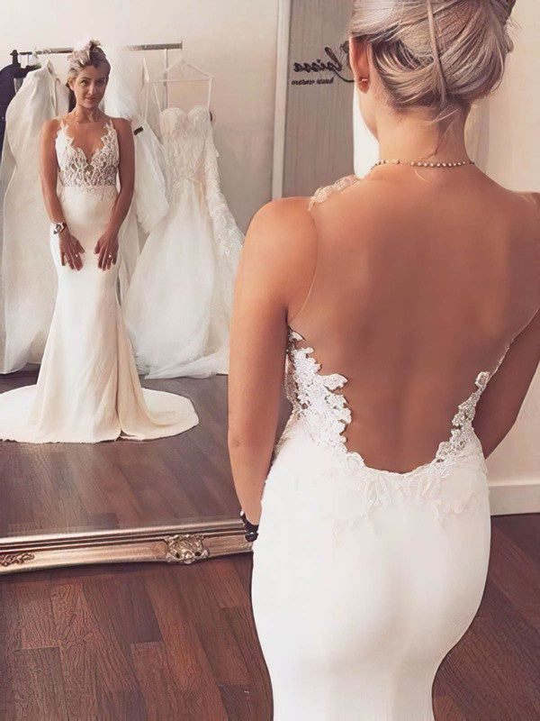 Silk-like Satin Trumpet/Mermaid Illusion Wedding Dresses With Appliques Lace Sweep Train