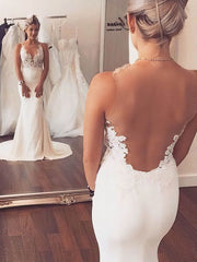 Silk-like Satin Trumpet/Mermaid Illusion Wedding Dresses With Appliques Lace Sweep Train