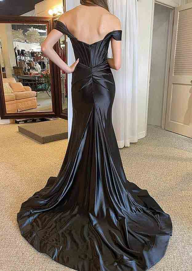 Silk-like Satin Trumpet/Mermaid Split Prom Dress with Off-the-Shoulder Straps and Pleated Court Train-27dress