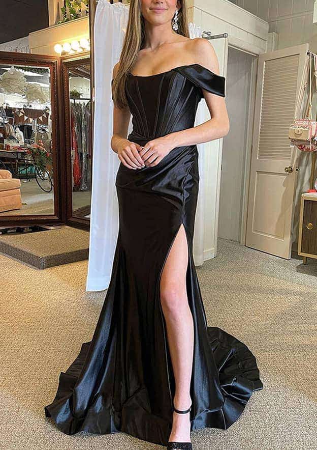 Silk-like Satin Trumpet/Mermaid Split Prom Dress with Off-the-Shoulder Straps and Pleated Court Train-27dress