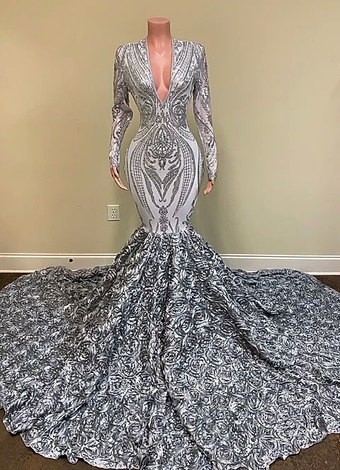 Silver Sequins Lace V Neck Long Sleeves Prom Dress Mermaid With Flowers Bottom